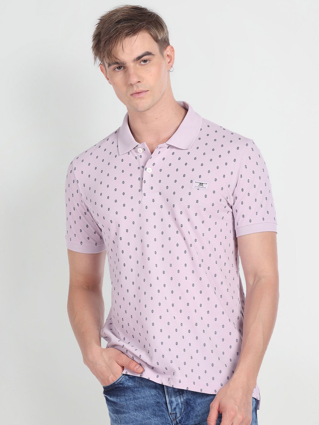 

Flying Machine Regular Fit Geometric Print Polo Short Sleeve Collar T-Shirt, Pink