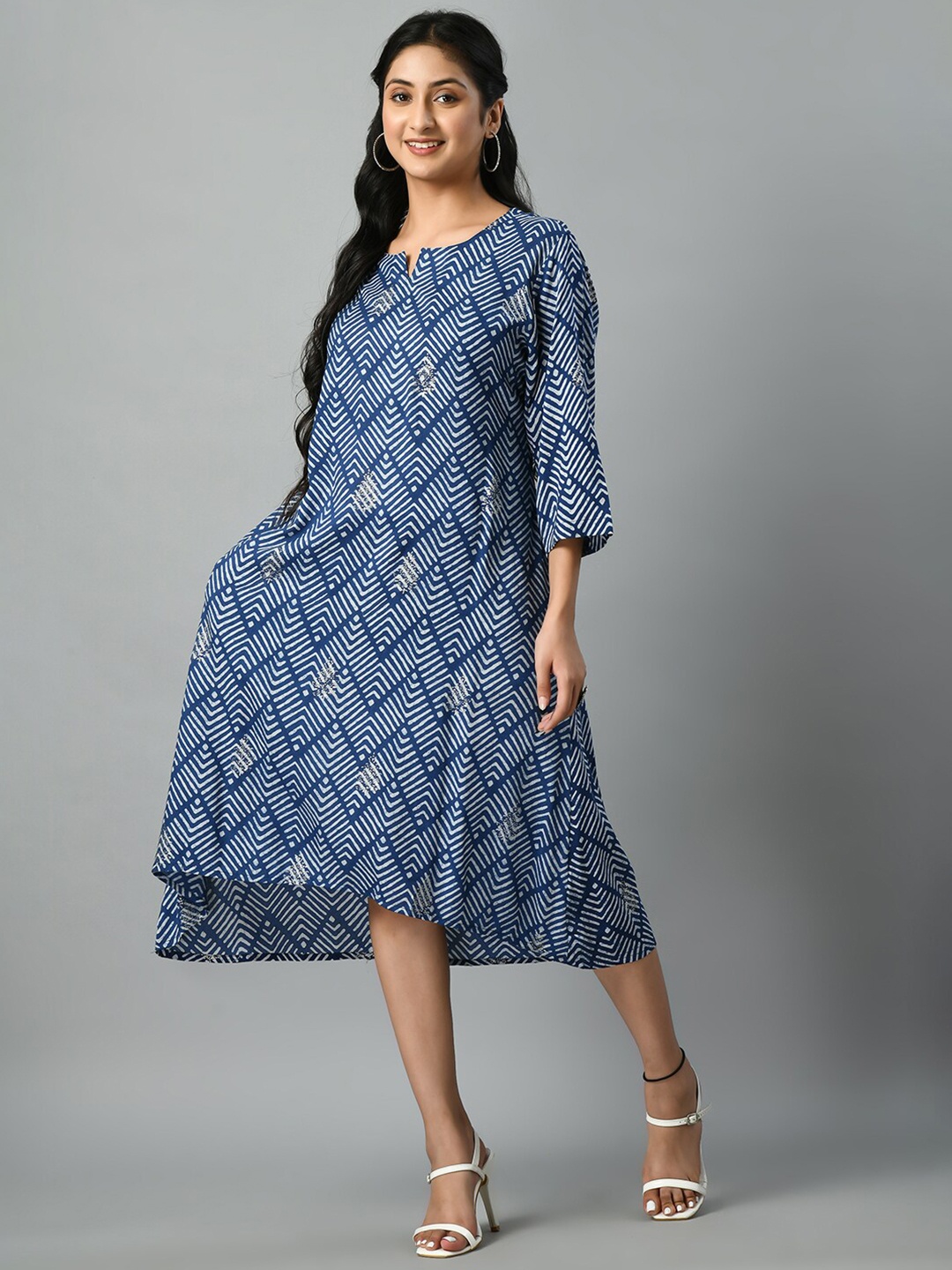 

TAKI TAKI Geometric Printed Cotton A-Line Midi Dress, Blue