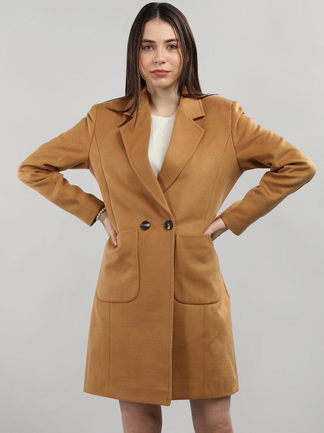 

CHKOKKO Double-Breasted Winter Wool Overcoat, Camel brown