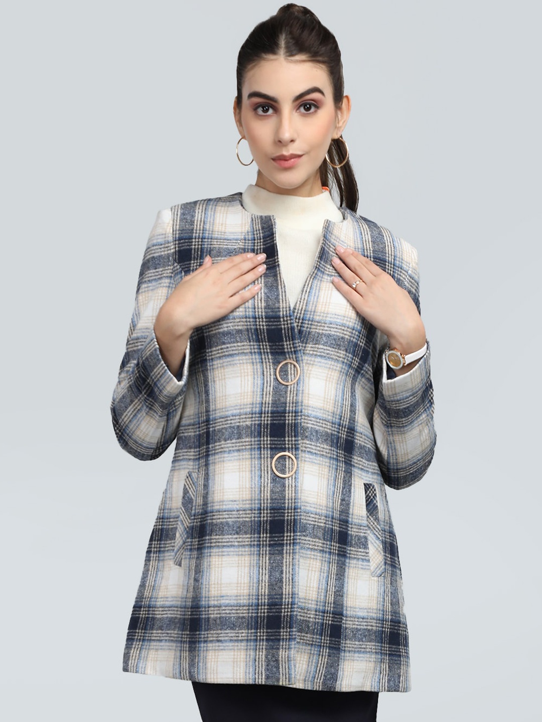 

CHKOKKO Single-Breasted Checked Longline Overcoat, Beige