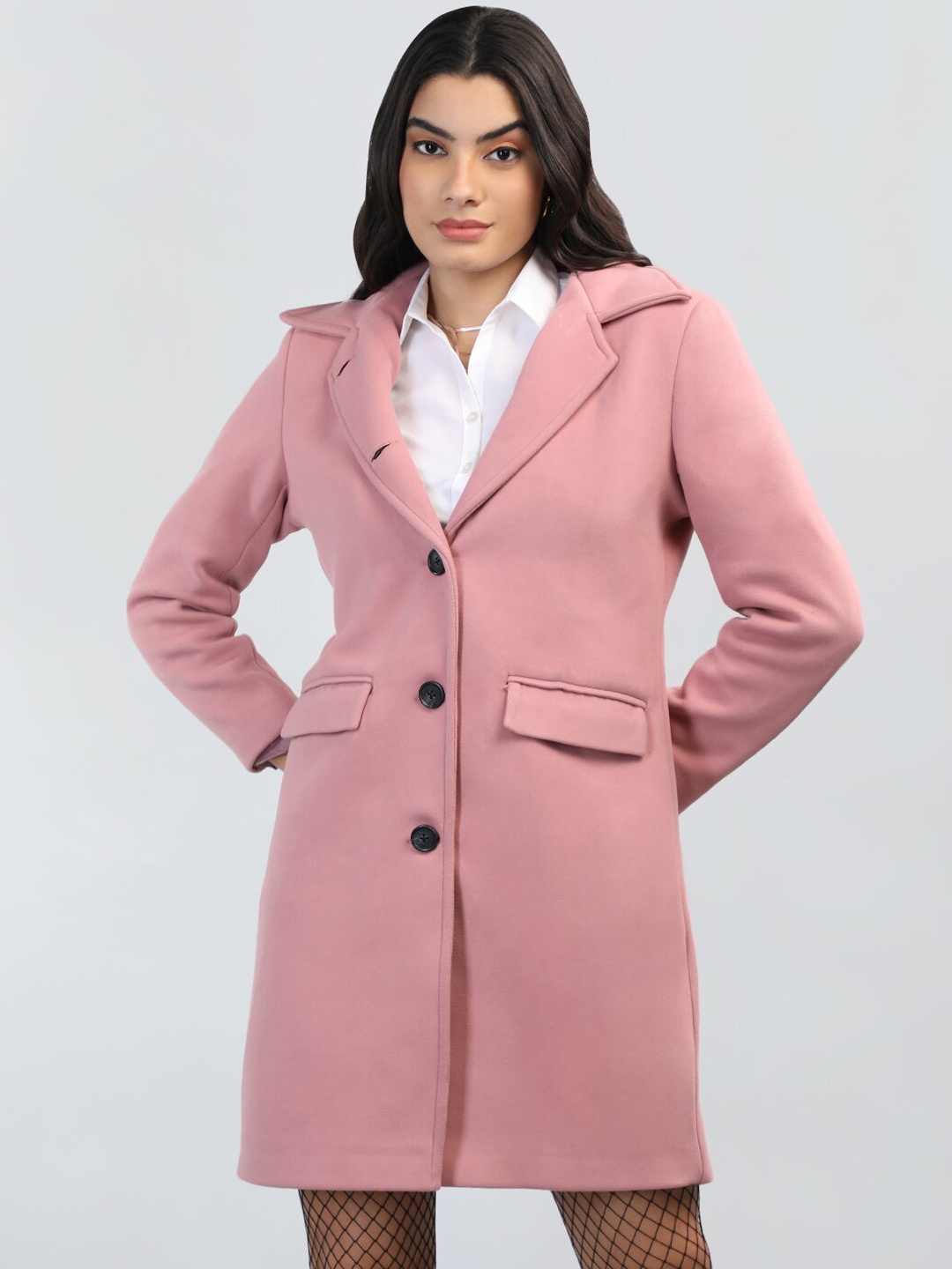 

CHKOKKO Single-Breasted Longline Woolen Overcoat, Pink