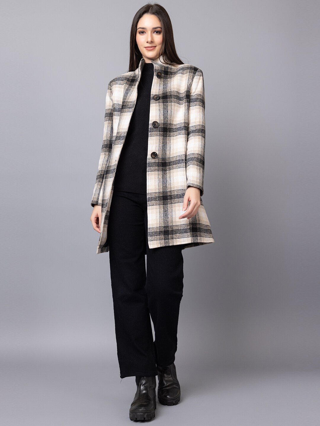 

CHKOKKO Checked Wool Single-Breasted Winter Overcoat, White