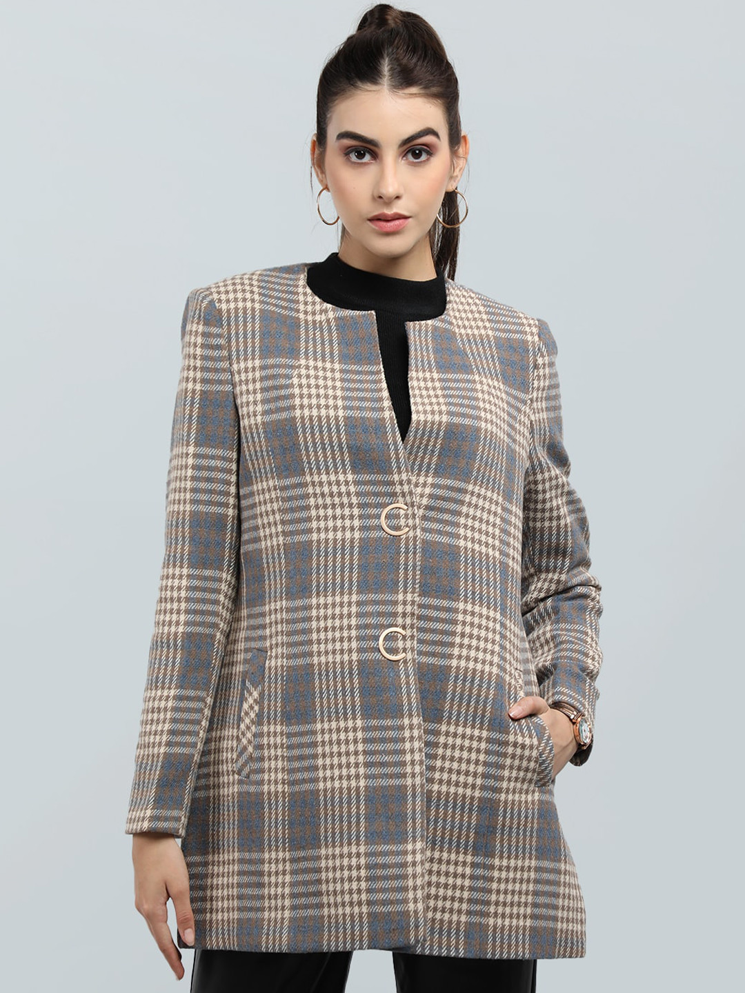 

CHKOKKO Checked Single-Breasted Woollen Overcoat, Blue