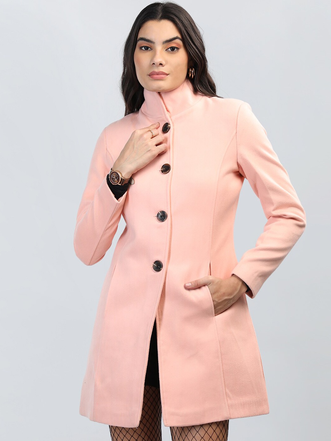 

CHKOKKO Wool Stand Collar Single-Breasted Winter Overcoat, Peach