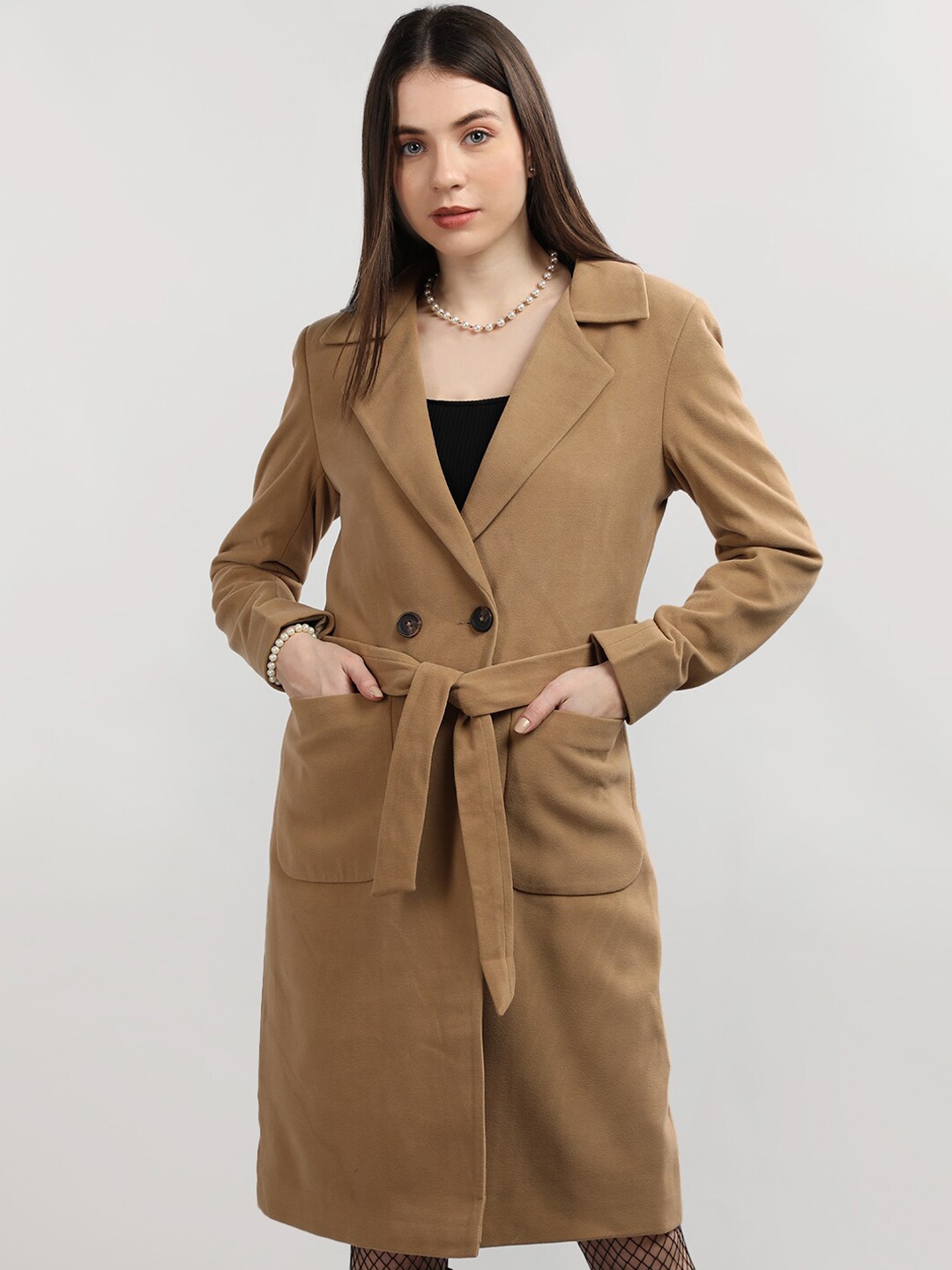 

CHKOKKO Notched Lapel Collar Double-Breasted Woollen Overcoat, Beige