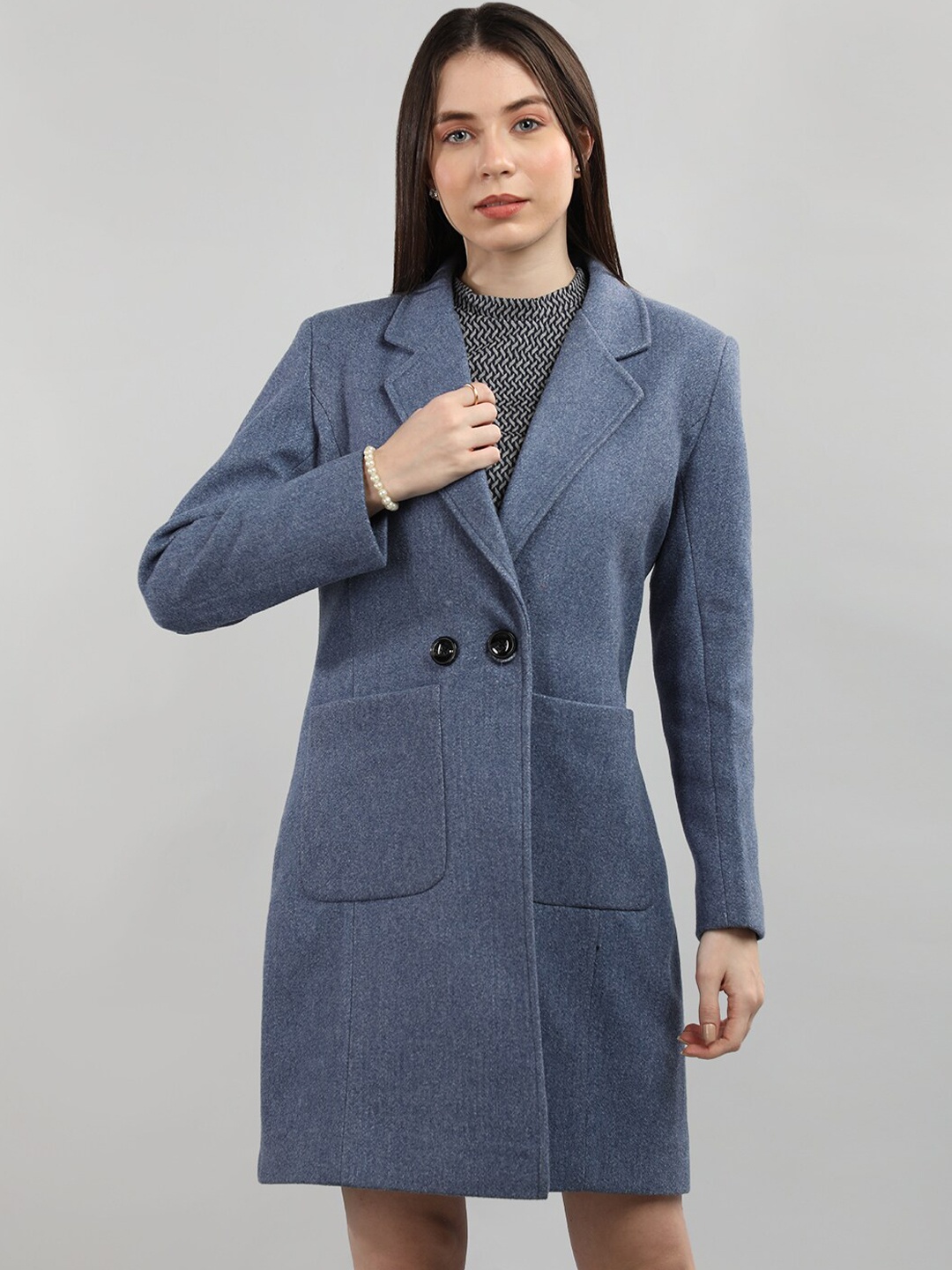 

CHKOKKO Doble Breasted Woollen Longline Overcoat, Blue