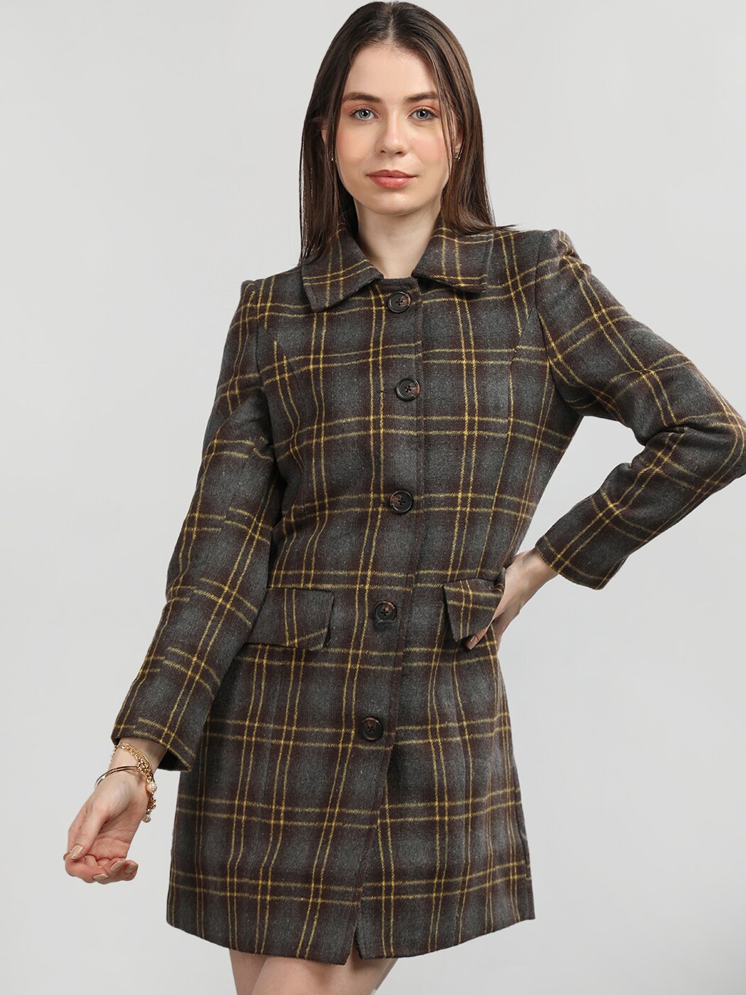 

CHKOKKO Checked Woollen Winter Overcoat, Grey