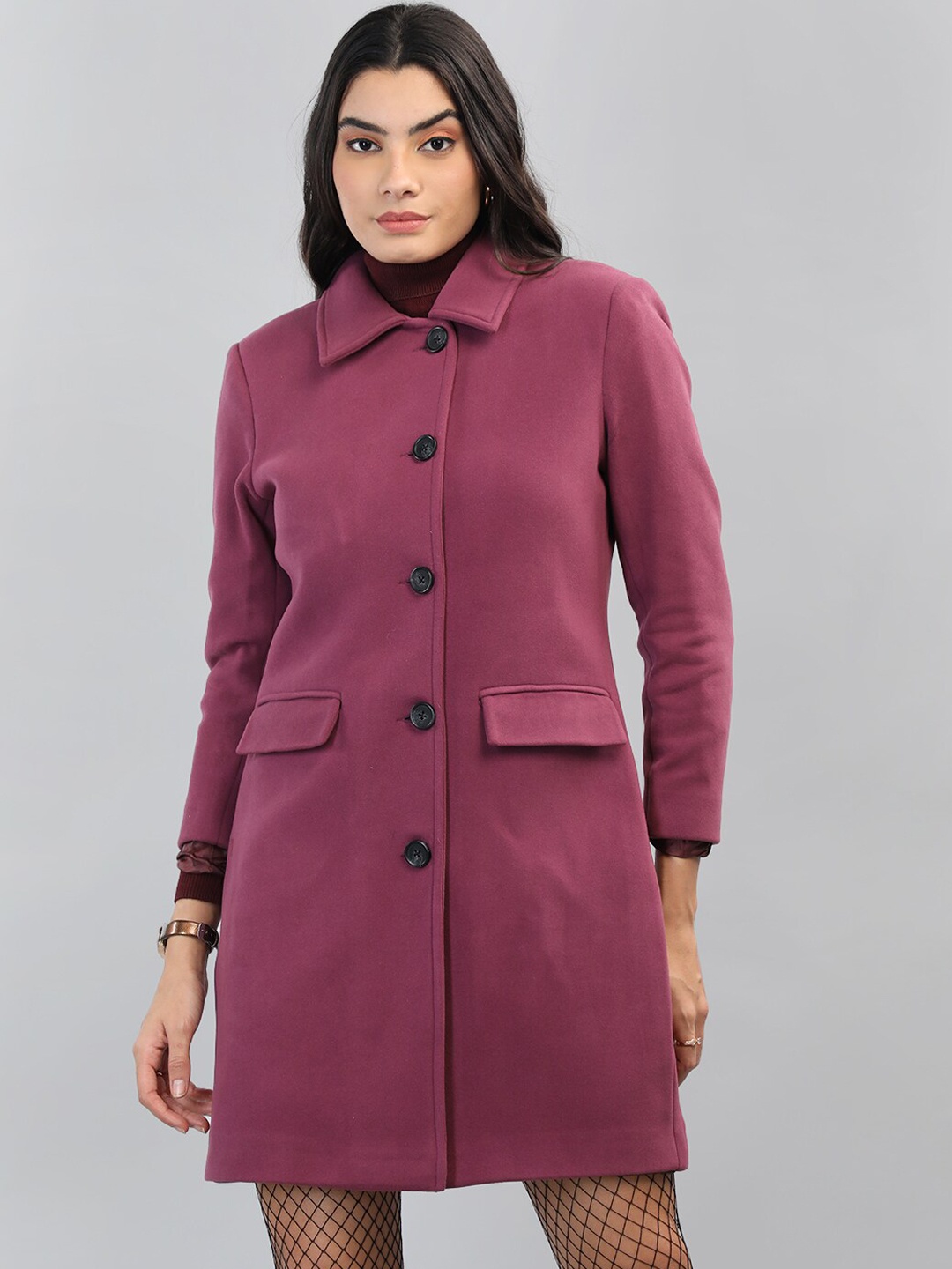 

CHKOKKO Single Breasted Woollen Longline Overcoat, Purple