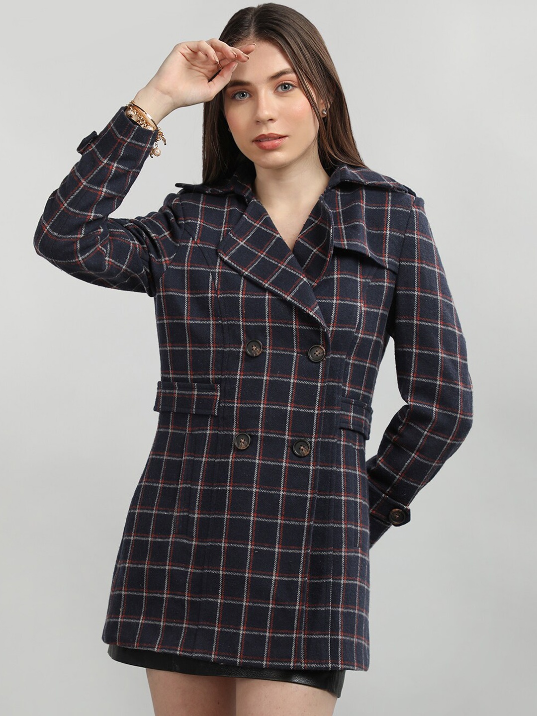 

CHKOKKO Checked Woollen Trench Coat, Navy blue