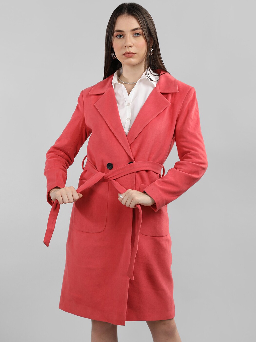 

CHKOKKO Notched Lapel Collar Double-Breasted Woollen Trench Coats, Pink