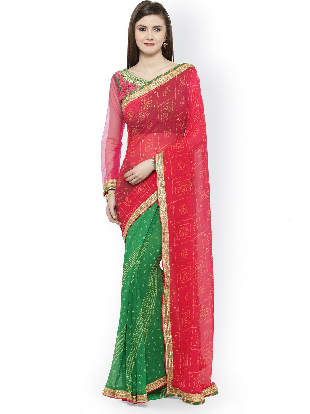 

Shaily Green & Pink Pure Georgette Embroidered Saree