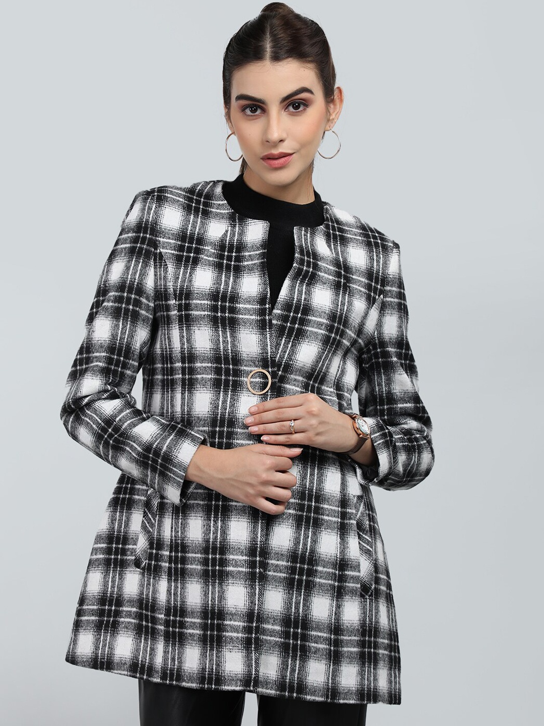 

CHKOKKO Checked Single Breasted Wool Overcoat, Black