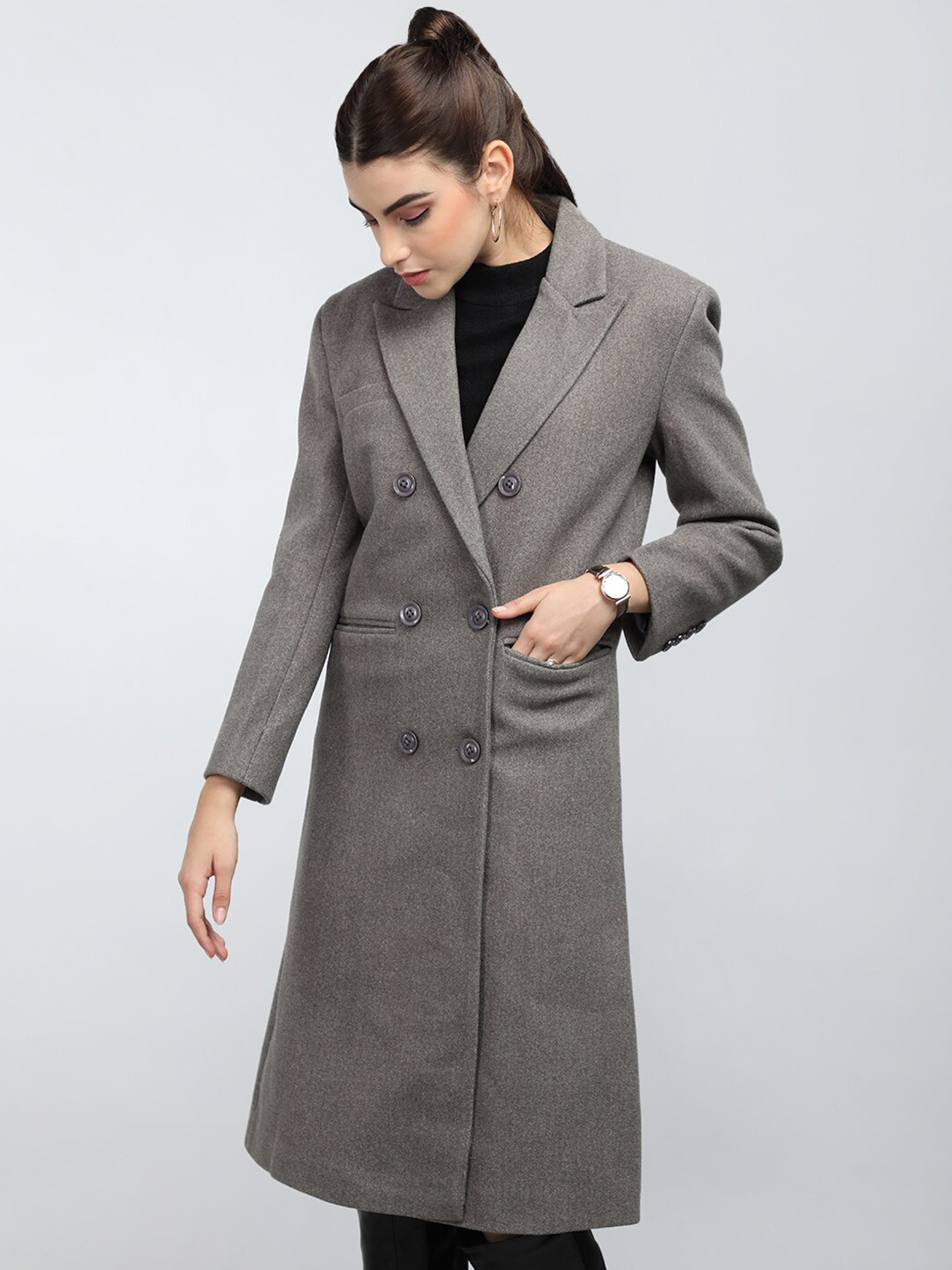 

CHKOKKO Double Breasted Woollen Overcoat, Grey