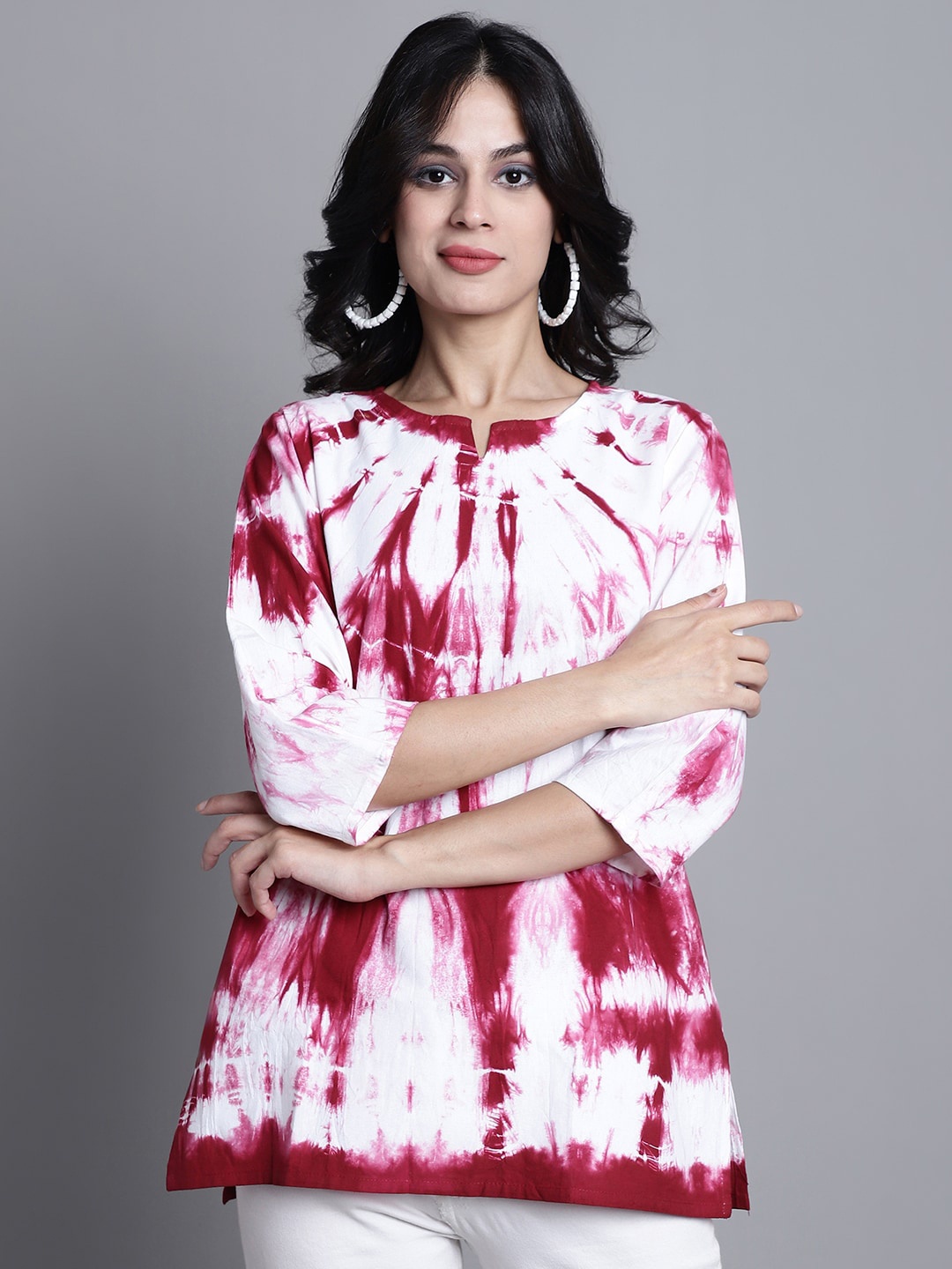 

Aawari Tie & Dye Cotton Notched Round Neck A-Line Top, Pink
