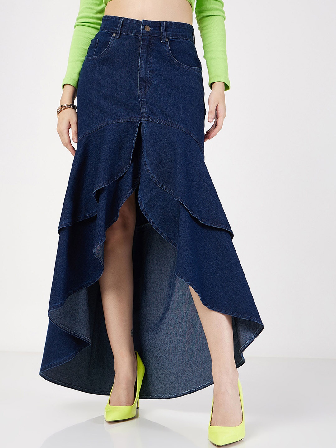 

SASSAFRAS Denim Ruffled High Low Skirt, Navy blue