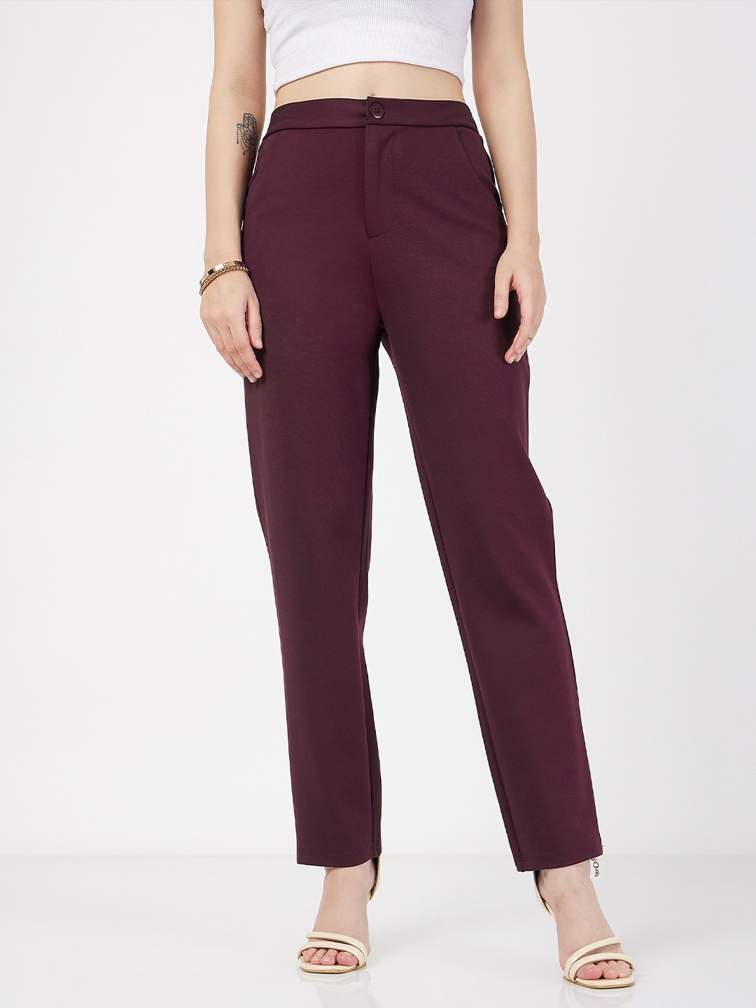 

SASSAFRAS Women Slim Fit Trousers, Burgundy