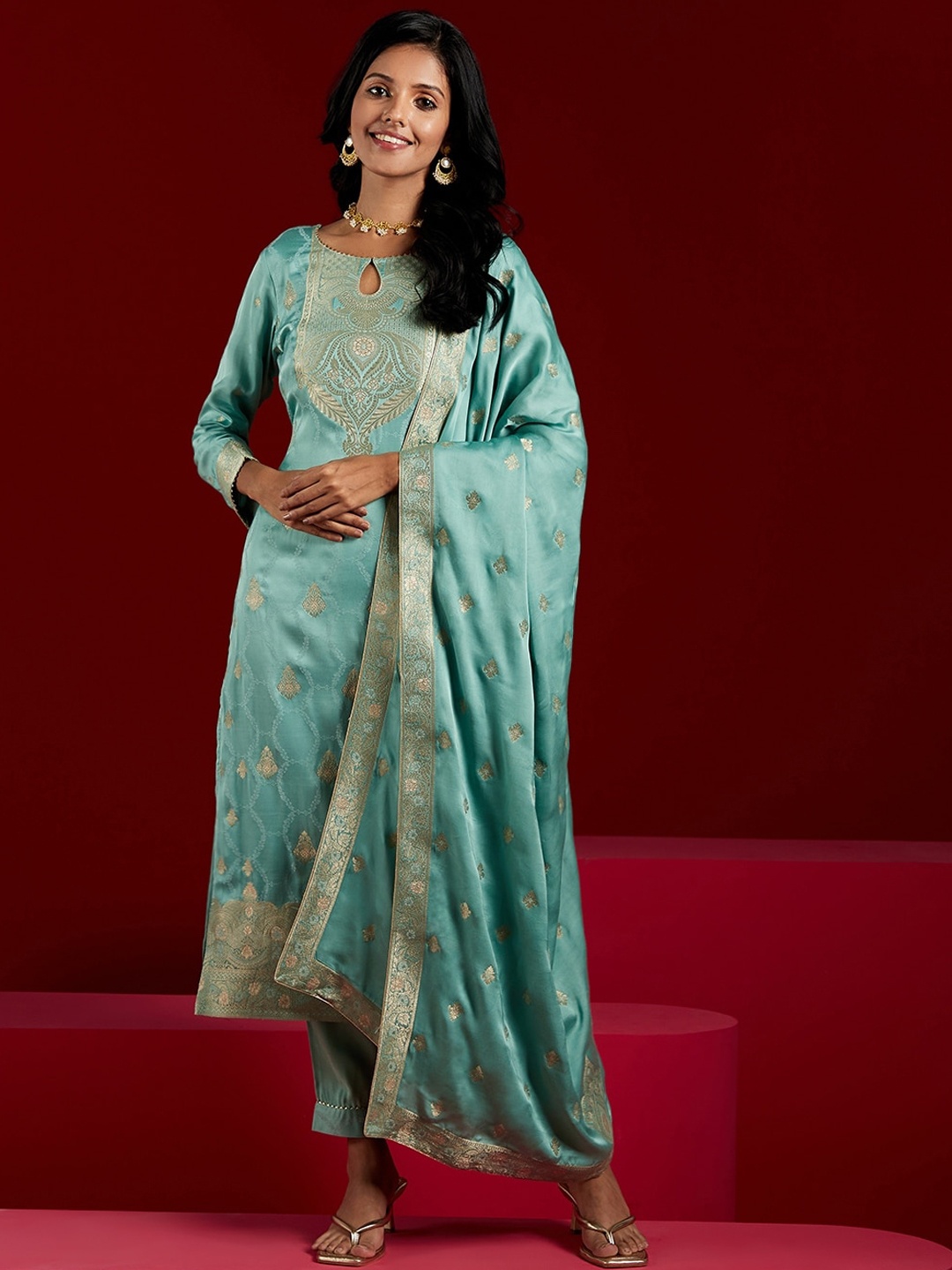 

Libas Art Ethnic Motifs Woven Design Zari Pure Silk Kurta With Trousers & Dupatta, Turquoise blue