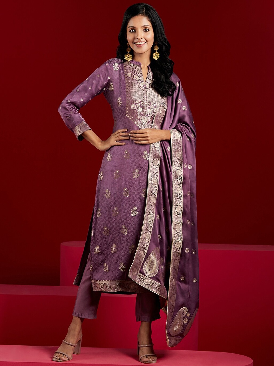 

Libas Art Floral Woven Design Pure Silk Kurta with Trousers & Dupatta, Purple