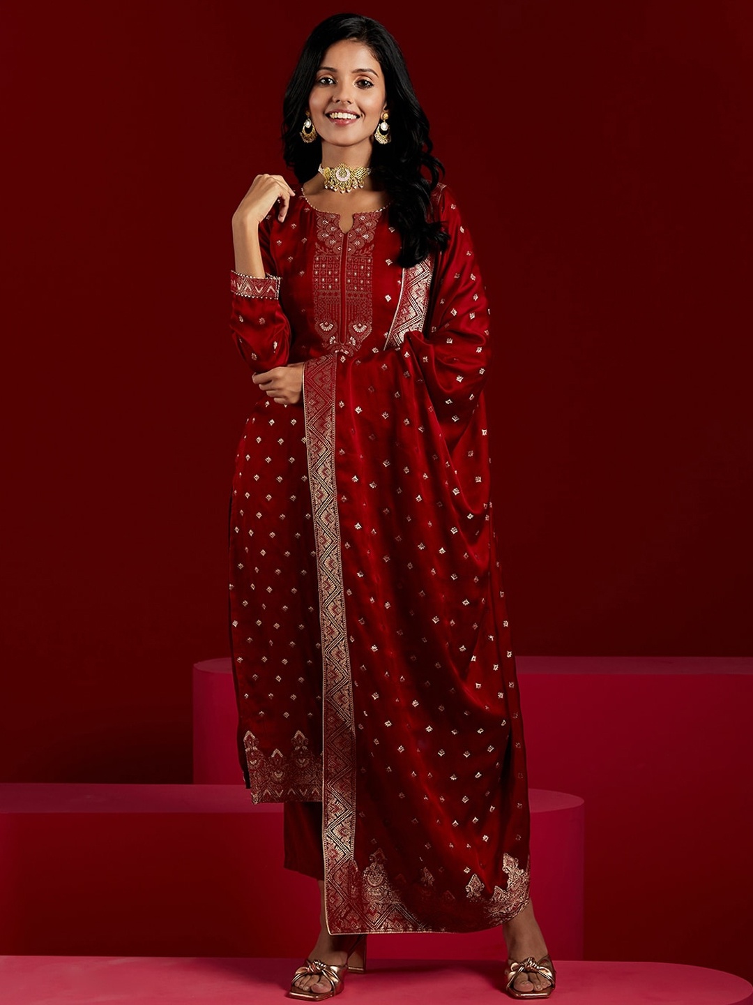 

Libas Art Ethnic Motifs Woven Design Zari Pure Silk Kurta With Trousers & Dupatta, Maroon