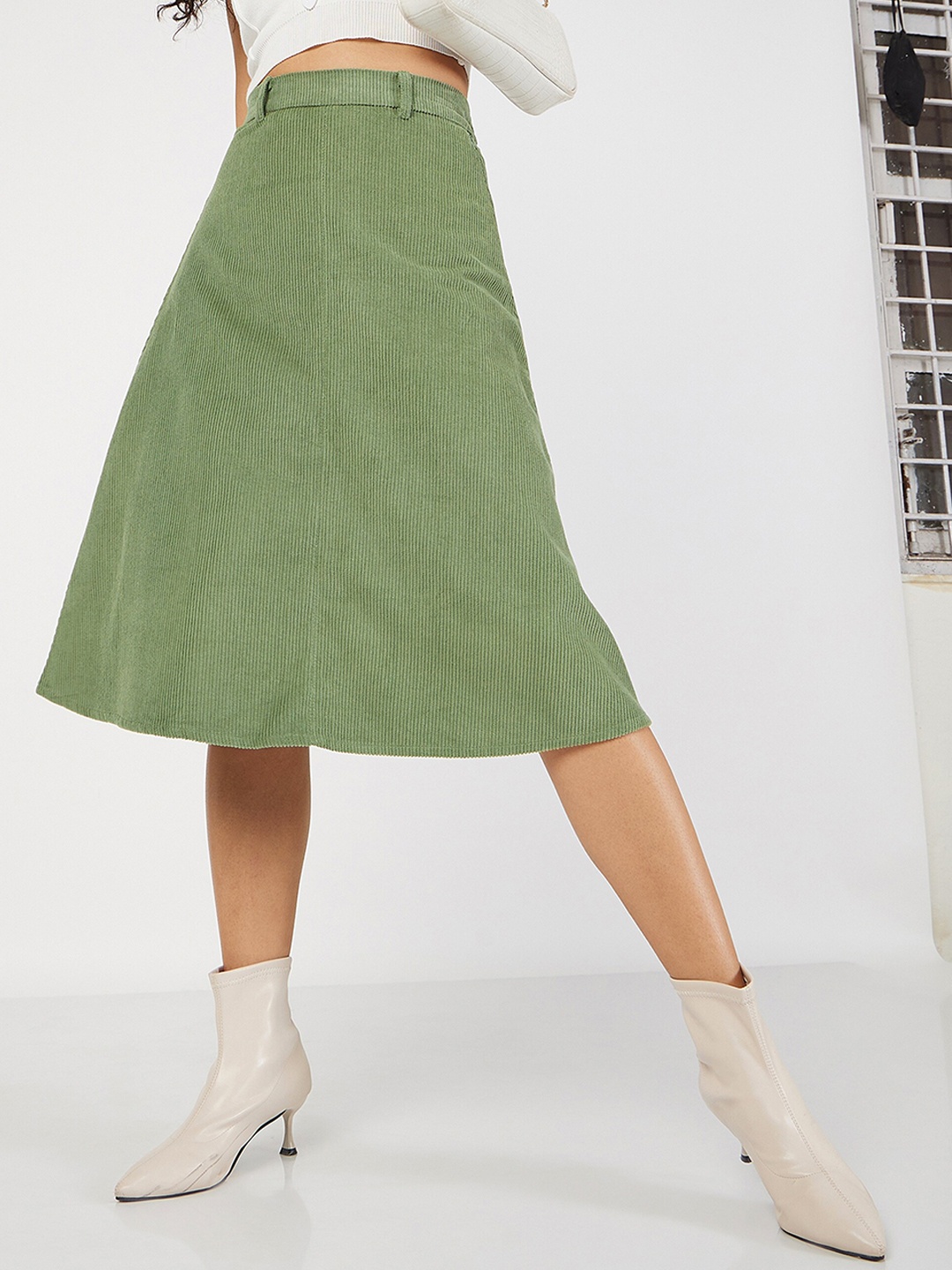 

SASSAFRAS Corduroy Pure Cotton A-Line Midi Skirt, Olive