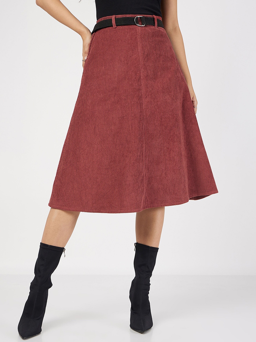 

SASSAFRAS Corduroy A-Line Pure Cotton Midi Skirt, Rust