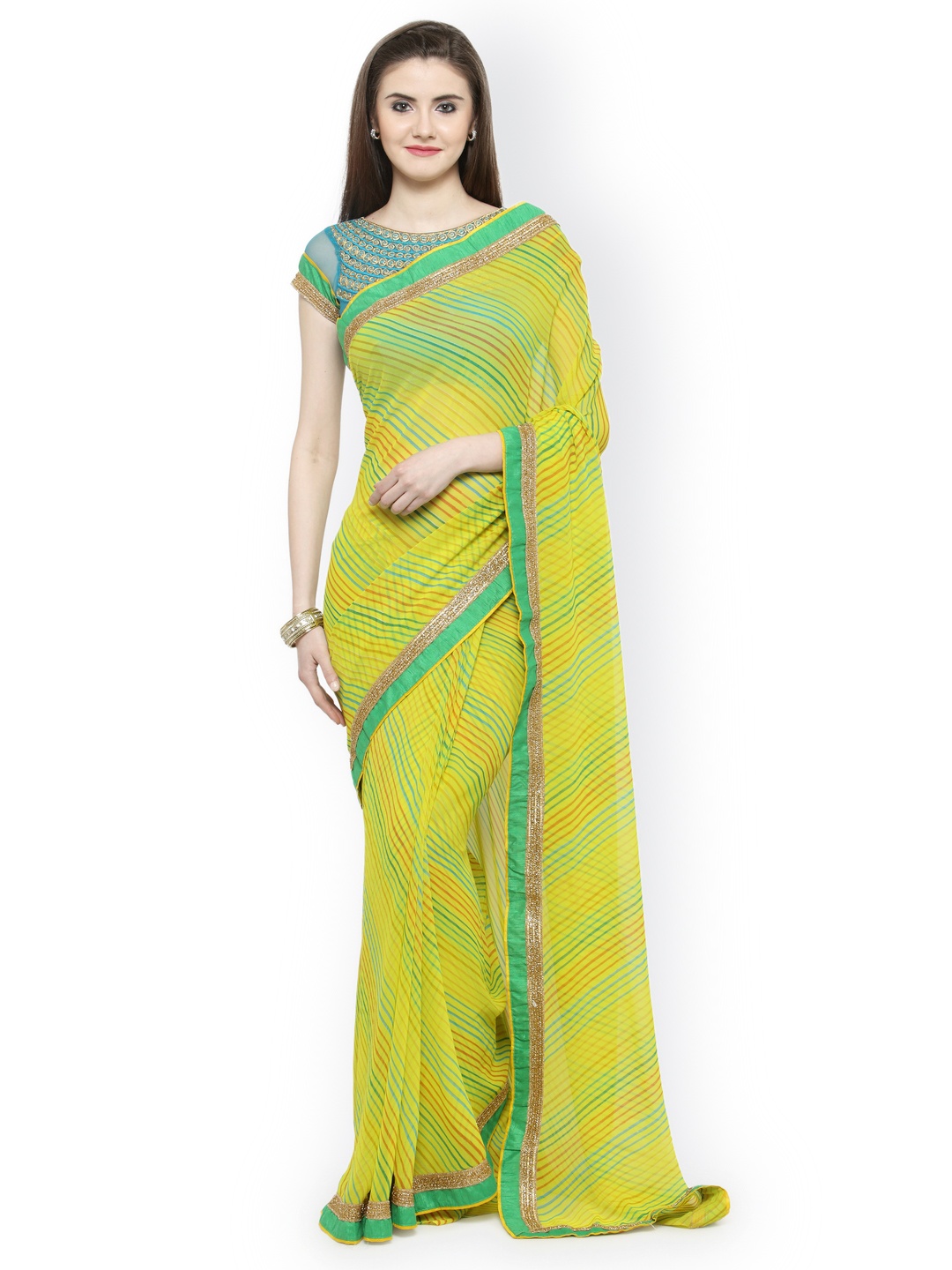 

Shaily Yellow & Blue Pure Georgette Embroidered Saree