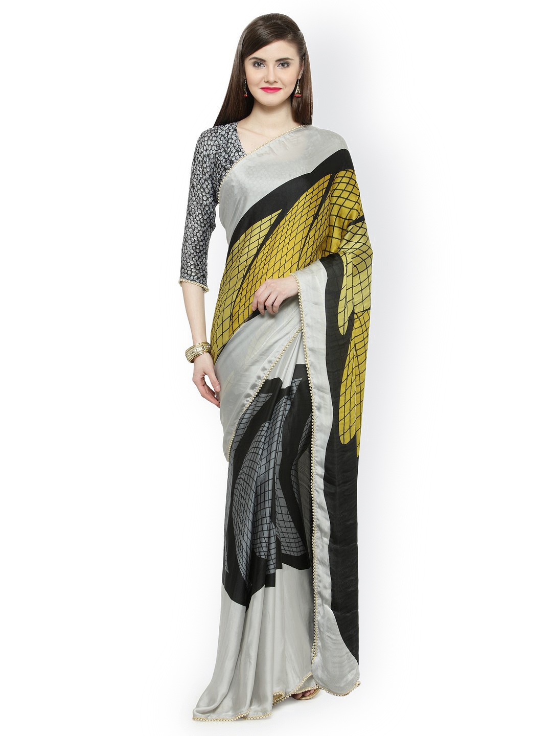 

Shaily Grey & Black Satin Checked Saree