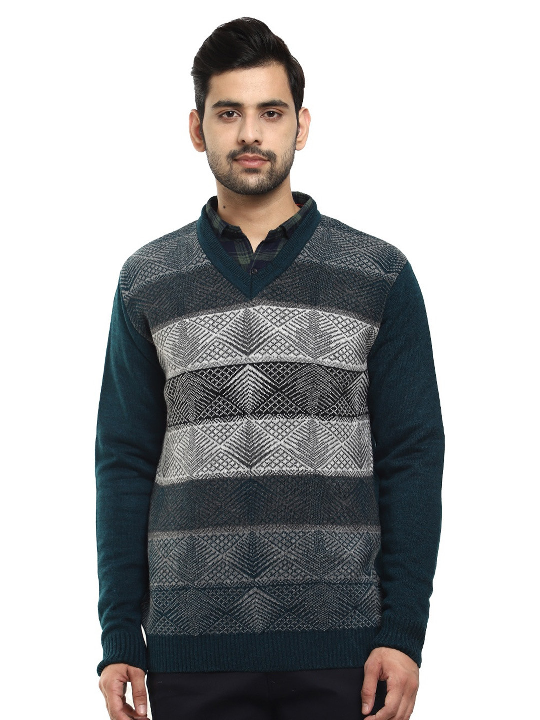 

V-Mart Self Design V Neck Long Sleeves Cotton Pullover Sweaters, Green