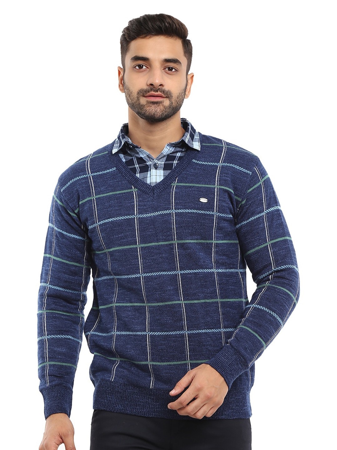 

V-Mart Checked V-Neck Long Sleeves Cotton Pullover, Blue