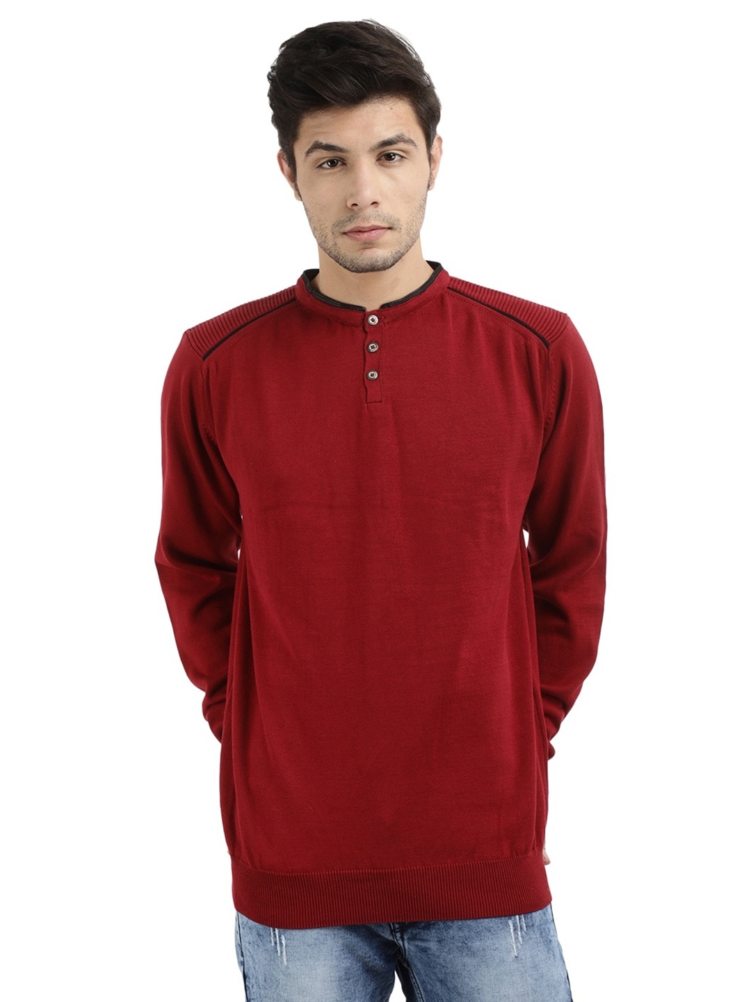 

V-Mart Henley Neck Long Sleeves Acrylic Pullover Sweaters, Maroon