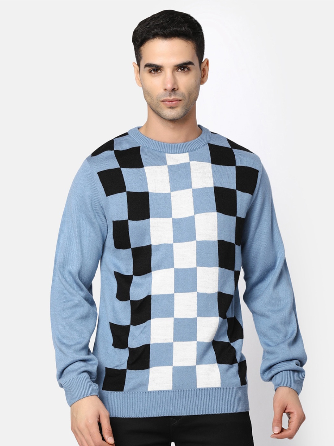 

V-Mart Checked Round Neck Long Sleeves Cotton Pullover Sweaters, Blue