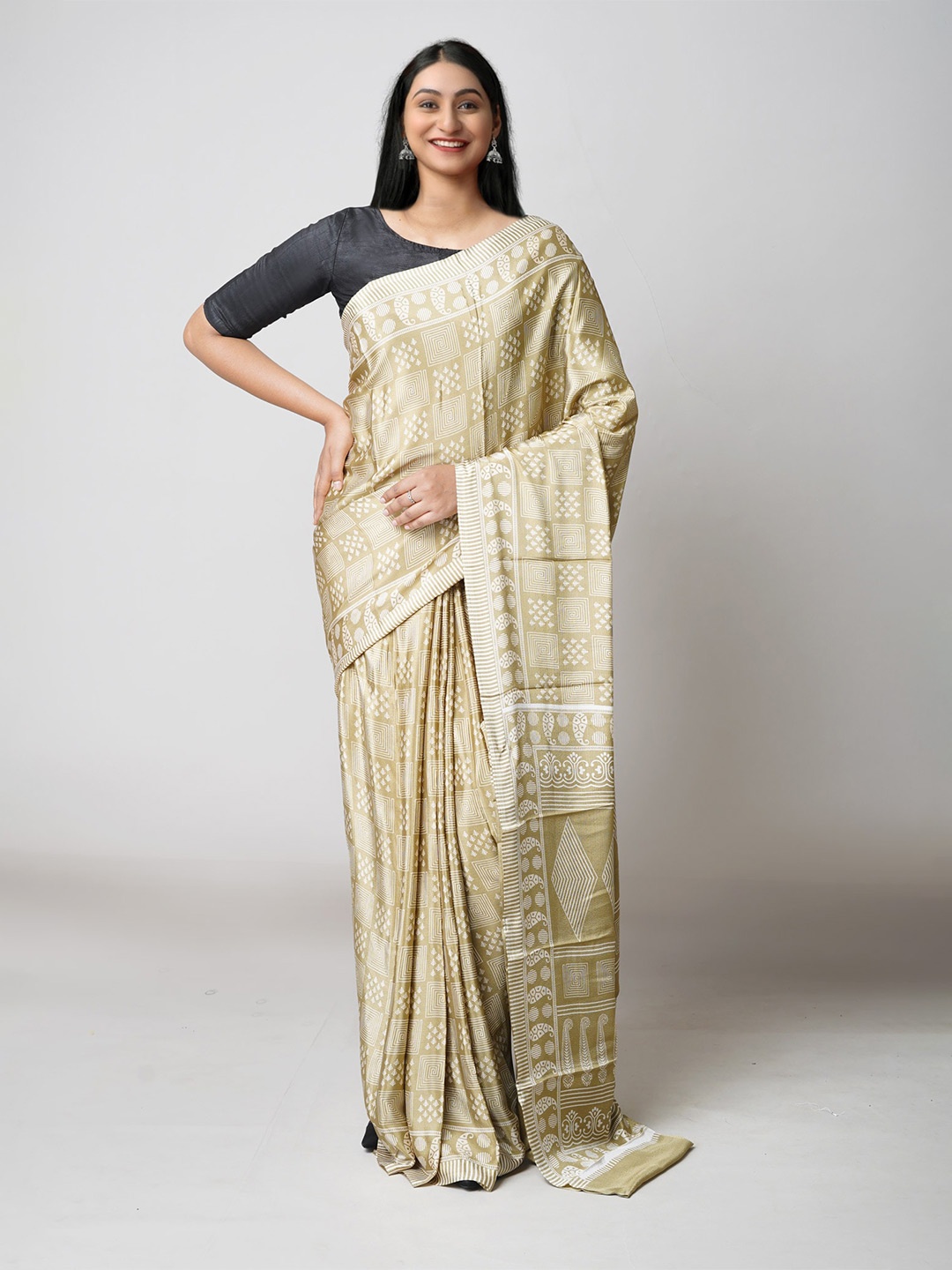 

Unnati Silks Ethnic Motifs Block Print Handloom Pure Silk Saree, Brown