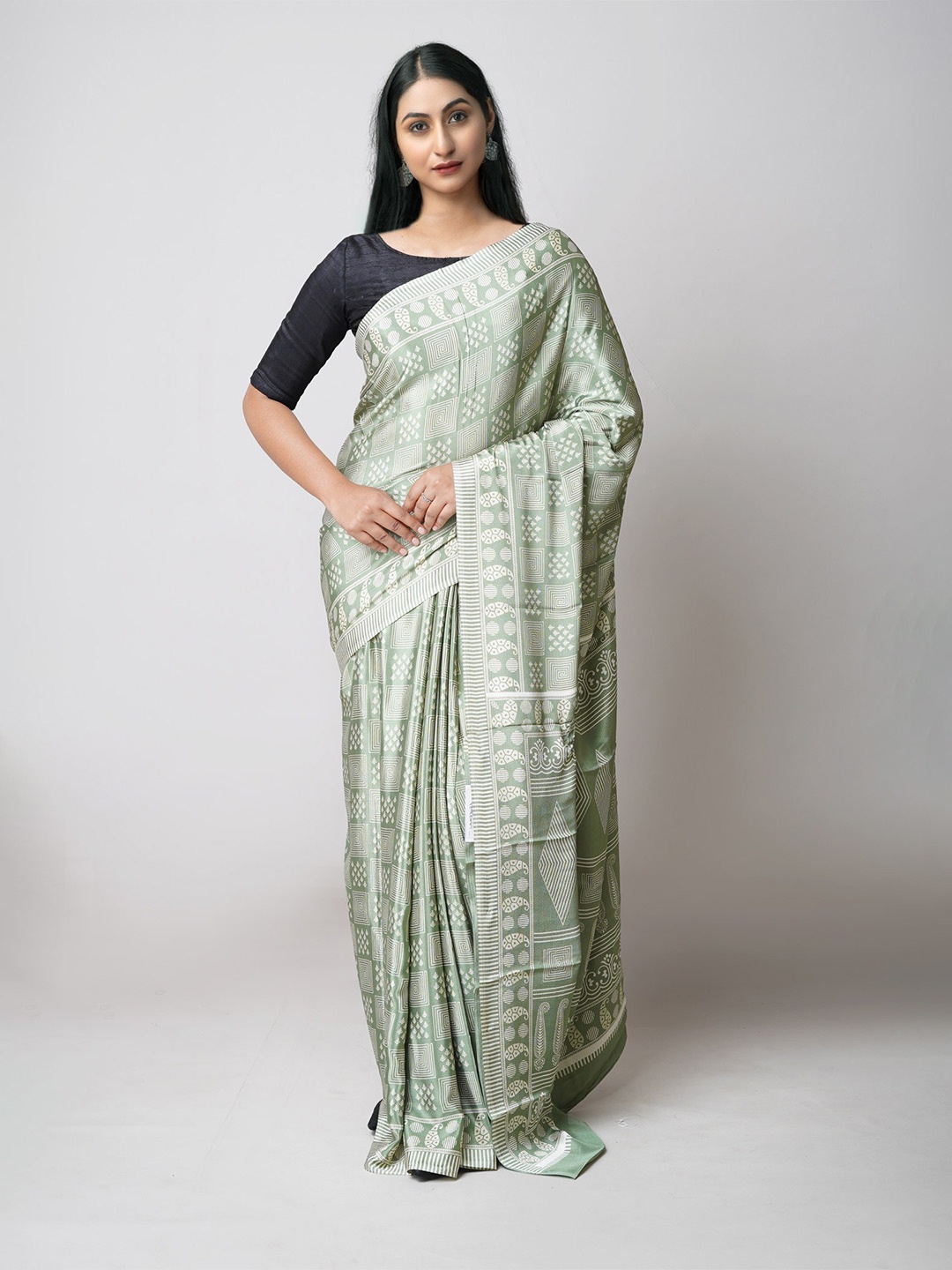 

Unnati Silks Ethnic Motifs Block Print Handloom Pure Silk Saree, Green