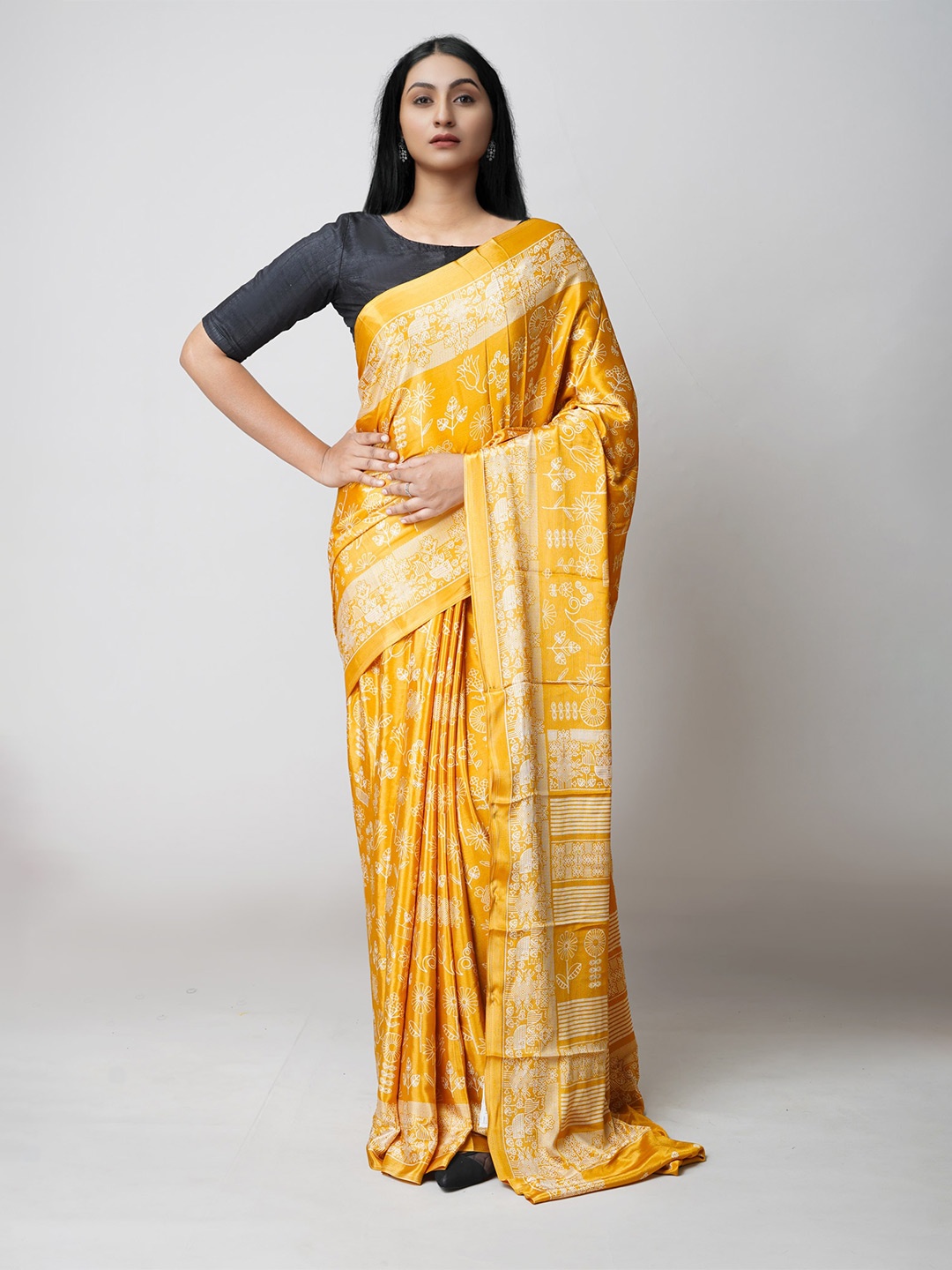 

Unnati Silks Ethnic Motifs Block Print Handloom Pure Silk Saree, Yellow