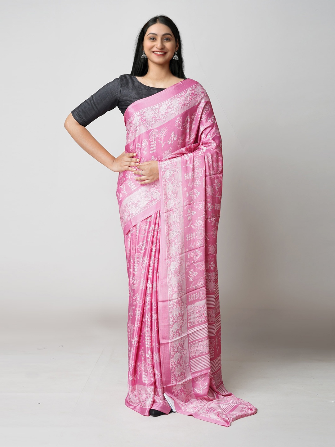 

Unnati Silks Ethnic Motifs Handloom Block Print Saree, Pink