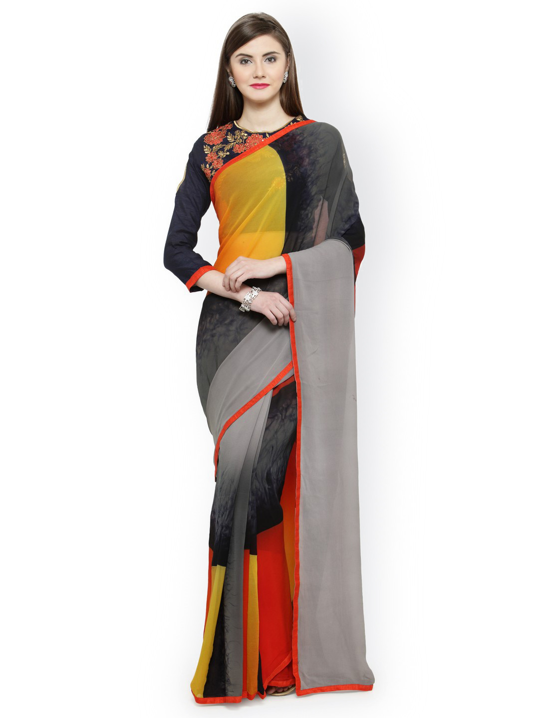 

Shaily Yellow & Red Pure Georgette Printed Saree