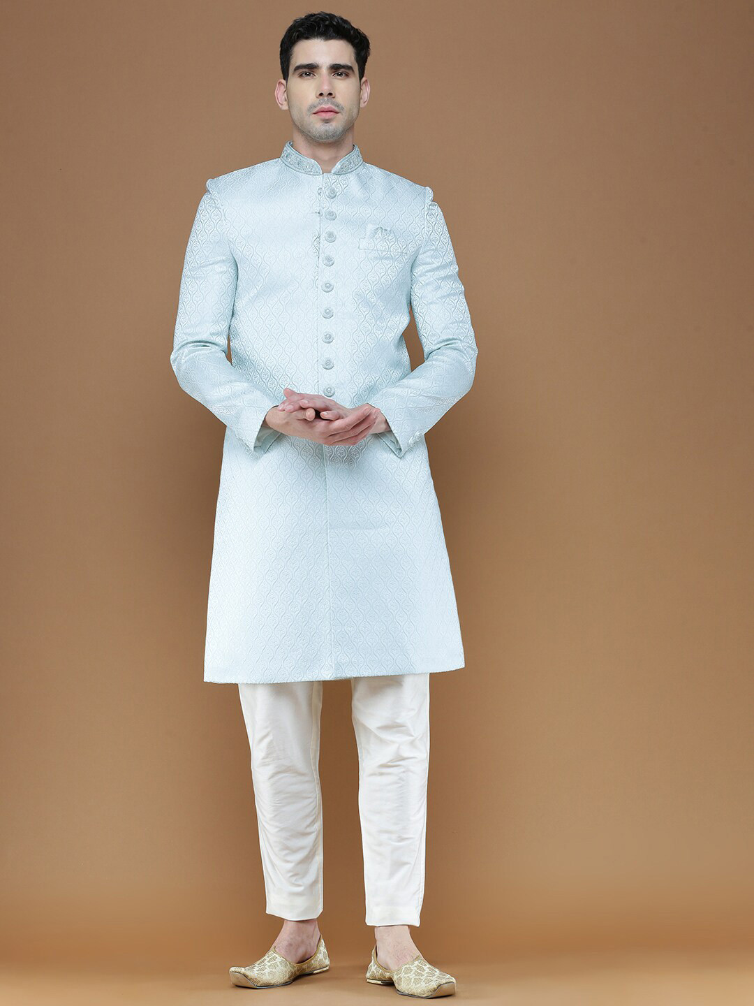 

Sanwara Floral Mandarin Collar Jacquard Sherwani With Pyjamas, Blue