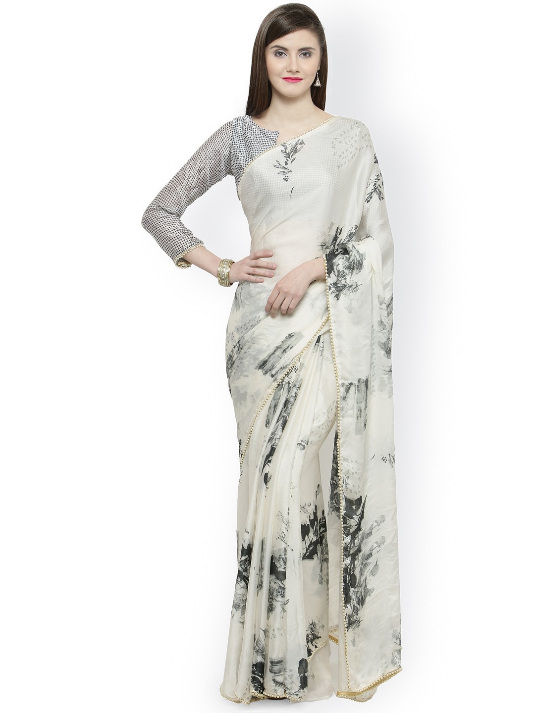 

Shaily Beige & Black Satin Printed Saree