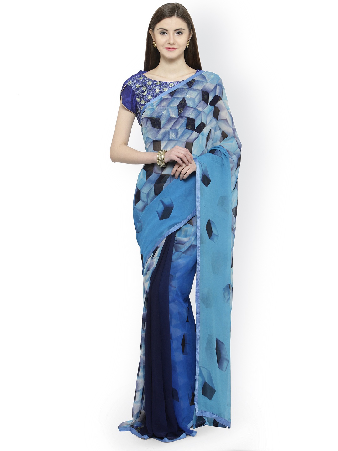 

Shaily Navy Blue & Blue Pure Georgette Printed Saree