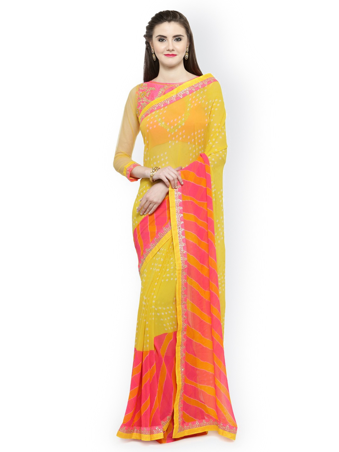 

Shaily Yellow & Pink Pure Georgette Embroidered Saree