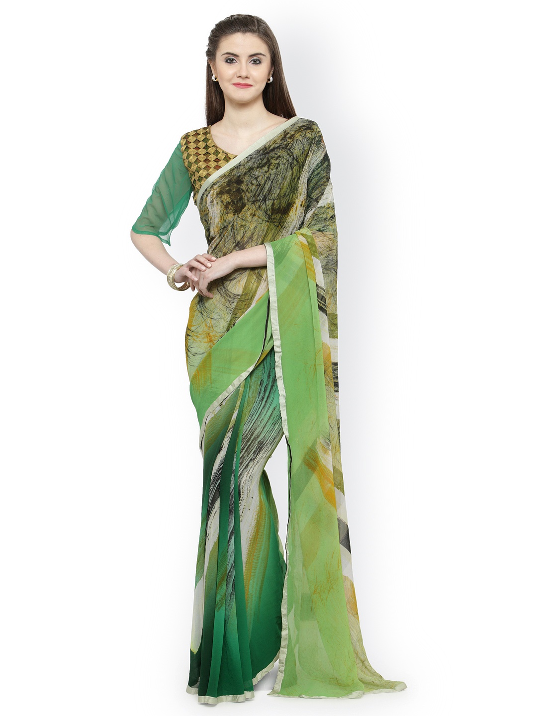 

Shaily Green & Yellow Pure Georgette Printed Saree