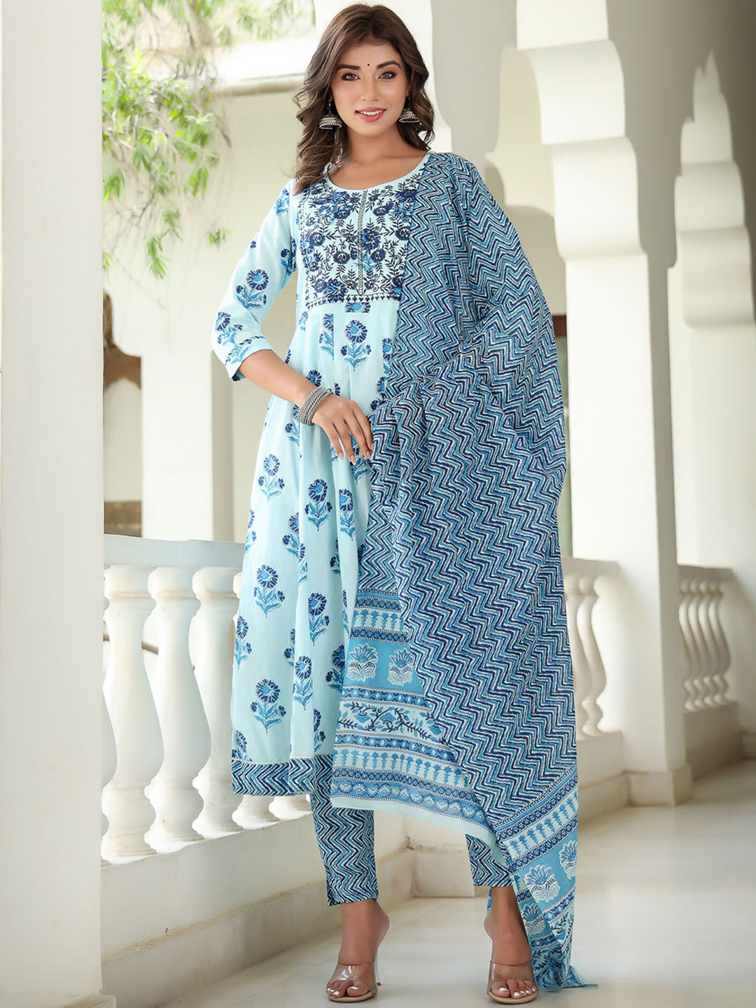 

Yufta Floral Printed Regular Sequinned Pure Cotton Kurta With Trousers & Dupatta, Blue