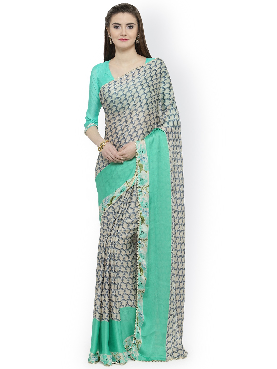 

Shaily Green & Black Satin Printed Saree