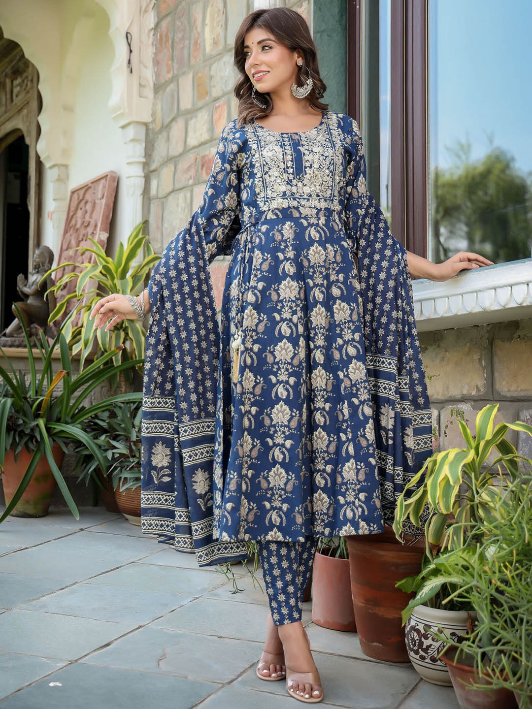 

Yufta Floral Printed Pure Cotton Anarkali Kurta With Trousers & Dupatta, Navy blue