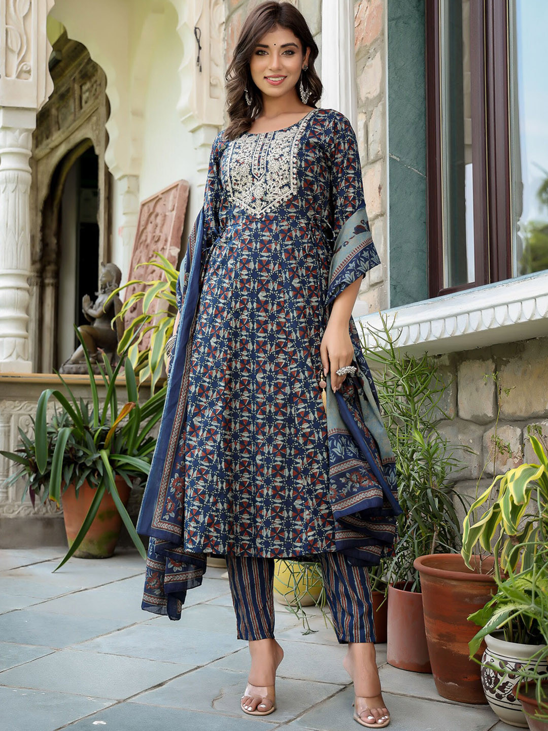 

Yufta Ethnic Motifs Printed Pure Cotton Anarkali Kurta With Trousers & Dupatta, Navy blue