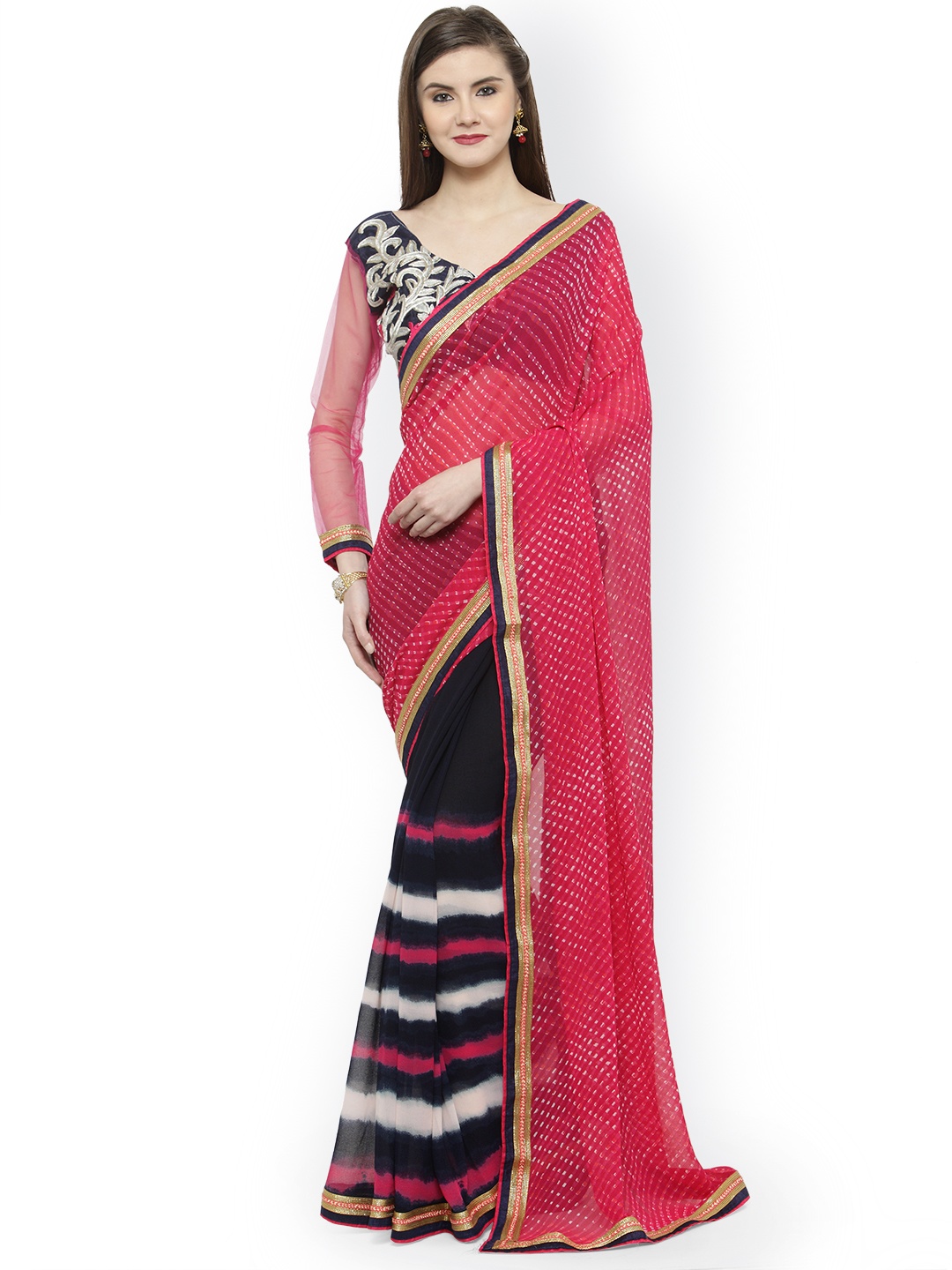 

Shaily Pink & Navy Blue Pure Georgette Embroidered Saree