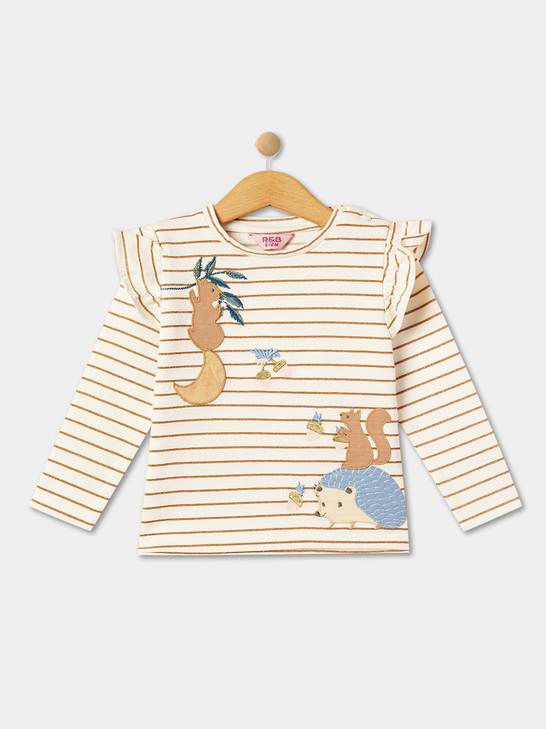 

R&B Striped Printed Round Neck Long Sleeve Embroidered Cotton Top, White