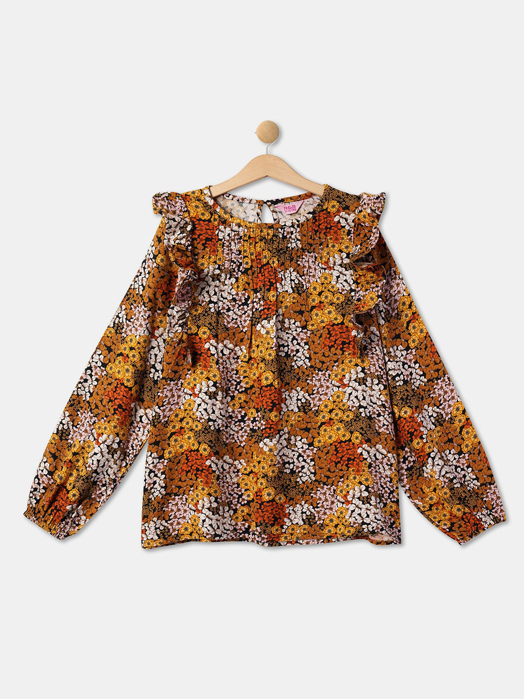 

R&B Floral Print Round Neck Puff Sleeve Ruffles Top, Black