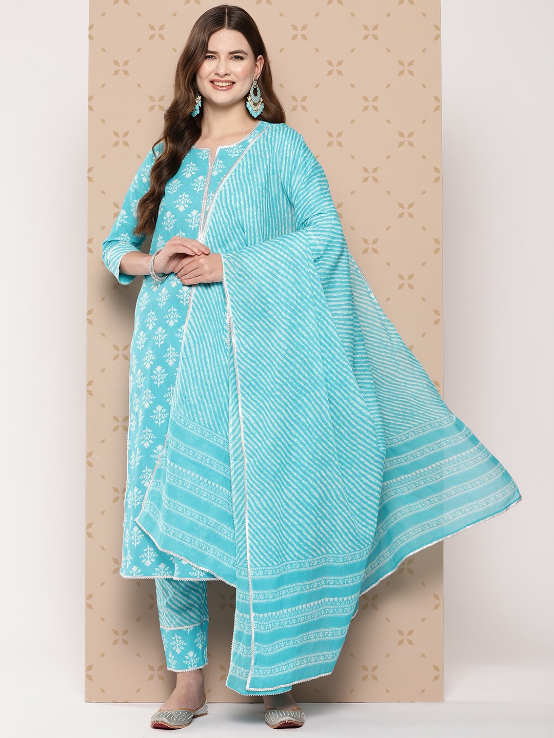 

KALINI Pure Cotton Floral Printed Regular Kurta With Trousers & With Dupatta, Blue