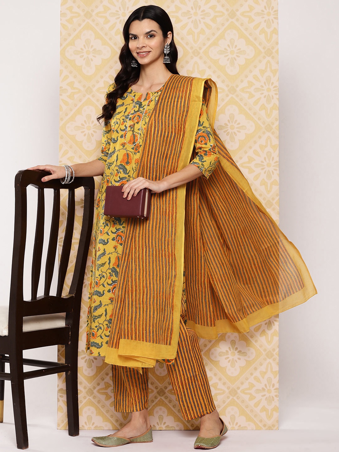 

KALINI Women Floral Printed Regular Pure Cotton Kurta with Trousers & Dupatta, Mustard